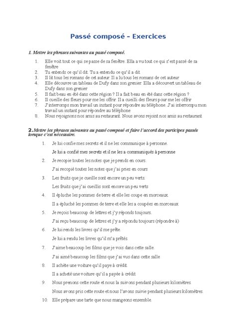 Passé composé Exercices - Passé composé – Exercices 1. Mettre les ...