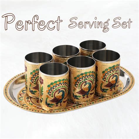 Meenakari Glass Tray Set | Steel Serving Tray for Water