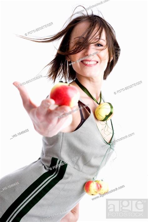 young woman in apple dress with biological apples. - 30/10/2008, Stock ...