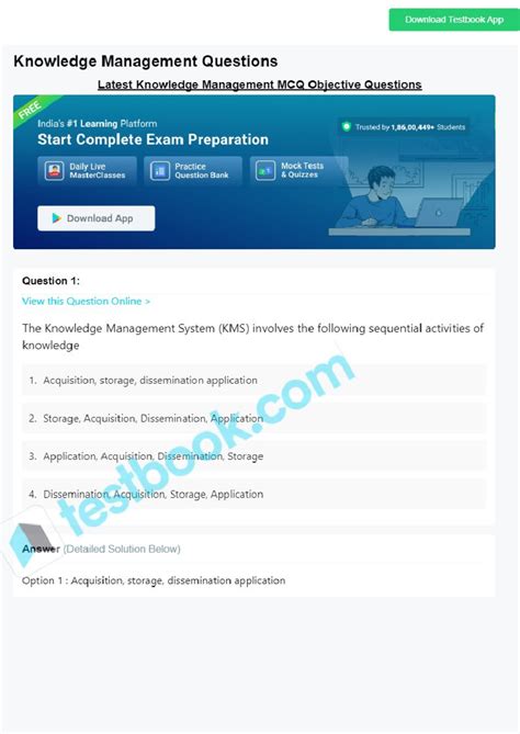 MCQ on knowledge management - Download Testbook App Knowledge ...