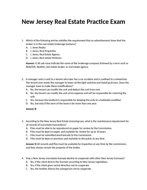 NEW JERSEY (NJ) REAL ESTATE PRACTICE EXAM WITH ANSWERS 2022 | Exams ...