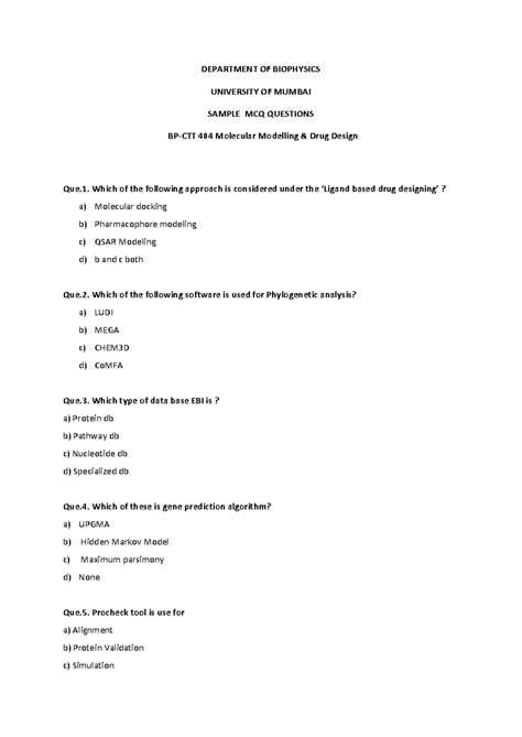 Sample MCQ for BP-CCT-404: Molecular Modelling & Drug Design - Studocu