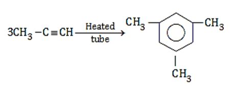 When passed through heated iron tube, propyne polymerizes to give