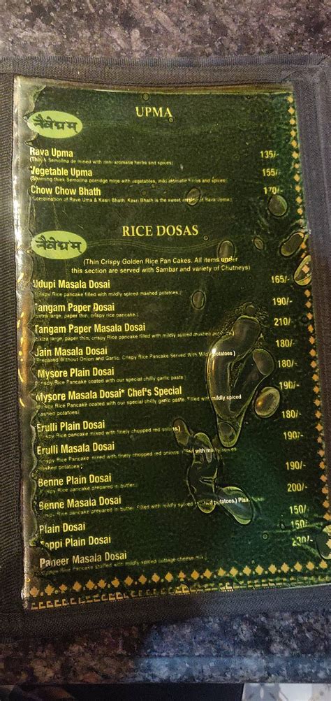 Menu at Naivedyam, Noida