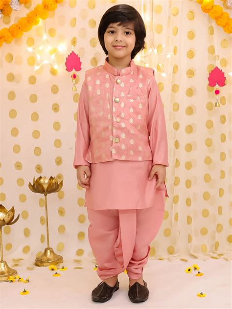 BownBee Festive Chanderi Jacket With Solid Dhoti Kurta Set For Boys