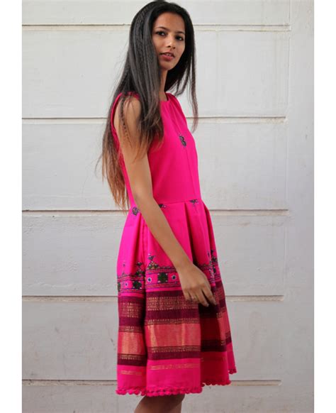Handwoven and Hand Embroidered Fit & Flare Wool Dress in Bright Pink ...