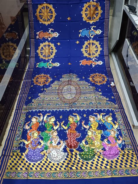 Blue Konark Temple And Dancer Theme Pattachitra Kanjeeveram Silk Saree