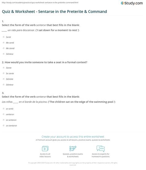 Quiz & Worksheet - Sentarse in the Preterite & Command | Study.com