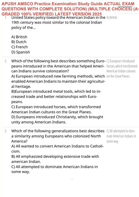 APUSH AMSCO Practice Examination Study Guide ACTUAL EXAM QUESTIONS WITH ...