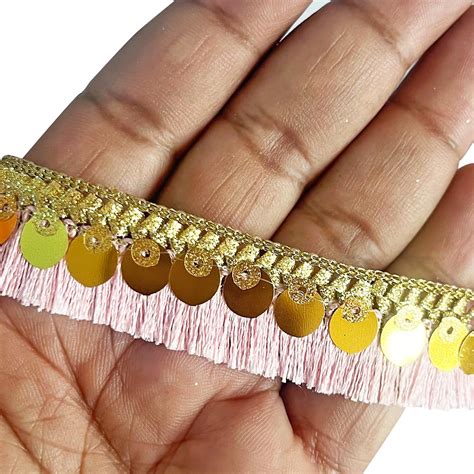 Baby Pink Zari Tassel Fringe sequin Lace & Border - ( 9mtr ) For Sari ...