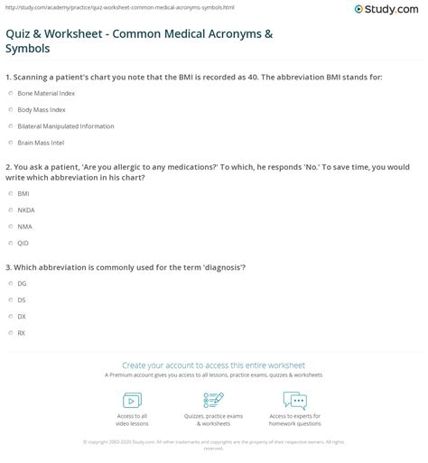 Quiz & Worksheet - Common Medical Acronyms & Symbols | Study.com