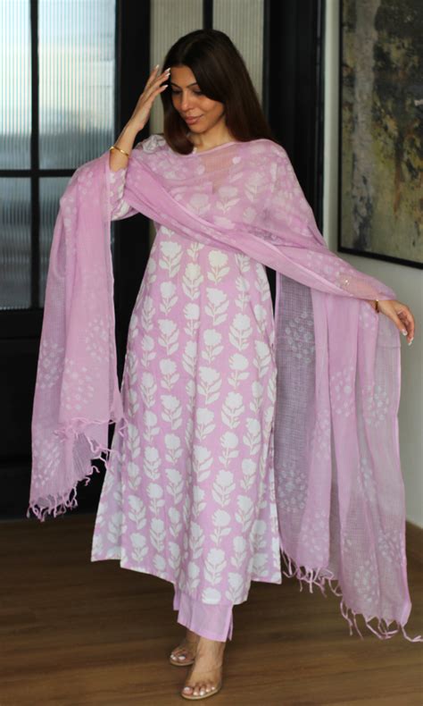 Cotton Lilac Flower Print Kurta, Solid Pants & Kota Doria Shibori Dupa ...