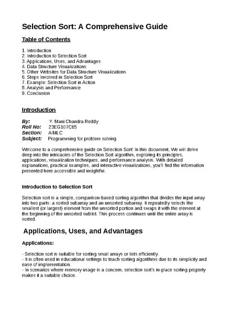 Pps2............. - Selection Sort: A Comprehensive Guide Table of ...