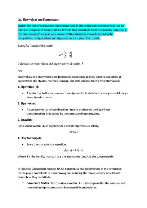 Unit-2 Notes: Eigenvalues, Eigenvectors, and SVD in PCA and ML - Studocu