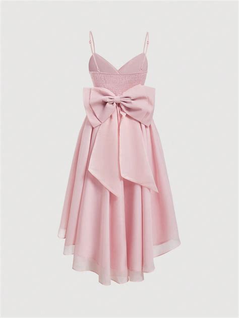 SHEIN MOD Asymmetric Hem Wedding Big Bow Pink Women Long Dress ...