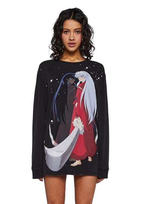 Dolls Kill x InuYasha Kagome Couple Anime Cosplay Long Sleeve Graphic Tee - Black