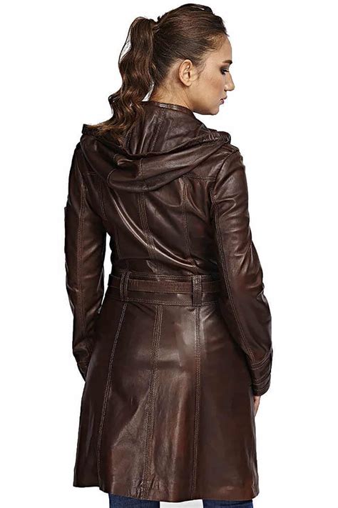 Women's 100 % Real Brown Leather Trench Belted Coat