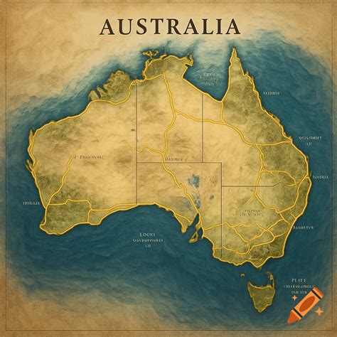 An old-style map of Australia with highlighted coastal roads and textured land and ocean. on Craiyon