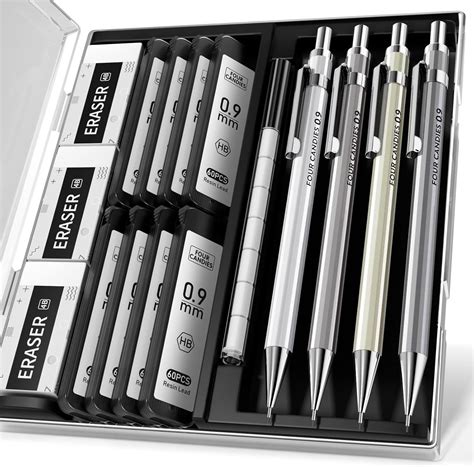 Amazon.com : Four Candies 0.9mm Metal Mechanical Pencil Set with Case ...