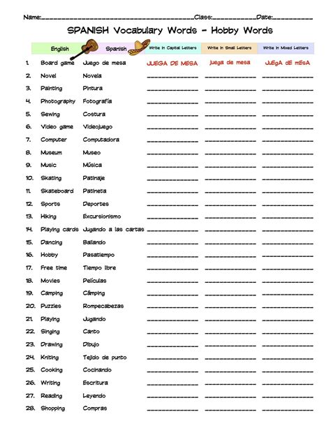 Spanish Hobby Words Vocabulary Word List Column Worksheet | Made By ...