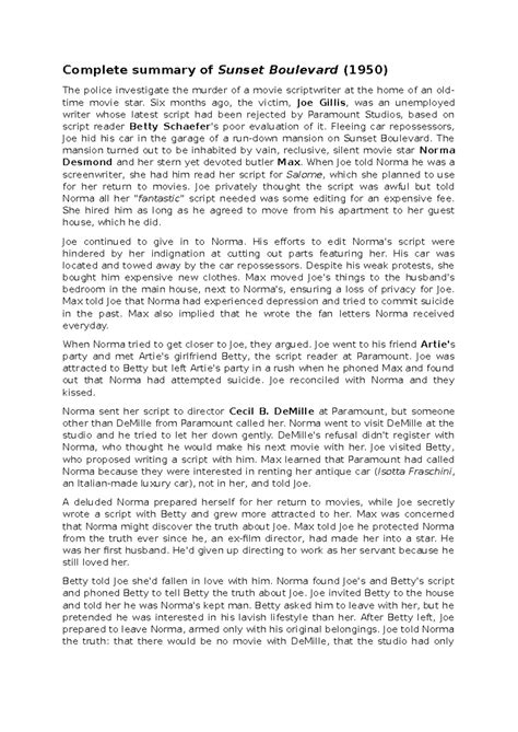Complete Summary of Sunset Boulevard (1950) - Film Analysis - Studocu