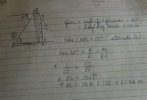 From the top of the tower 30 m height a man is observing the base of a ...
