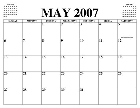 MAY 2007 CALENDAR OF THE MONTH: FREE PRINTABLE MAY CALENDAR OF THE YEAR ...