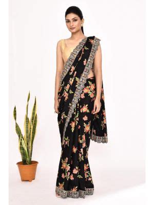 Buy Lush Glam Black Floral Embroidered Polyester Border Saree with ...