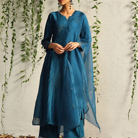 Charkhee Side Gathered Kurta Set | True Blue Chanderi with Nakshi ...