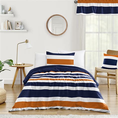 Stripe Navy Blue and Orange Twin Bedding Collection