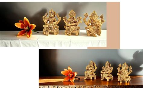 CraftVatika Small Laxmi Ganesha Saraswati Set of 3 Brass Idol Murti ...
