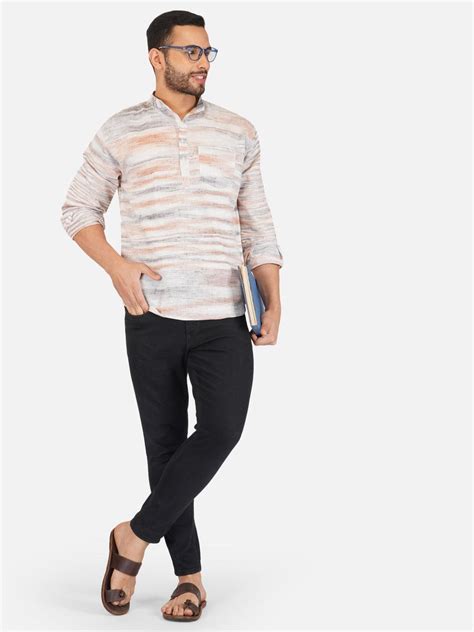 Pure Khadi Short Kurta in Self Pattern Brown Color - Khadi Sadan