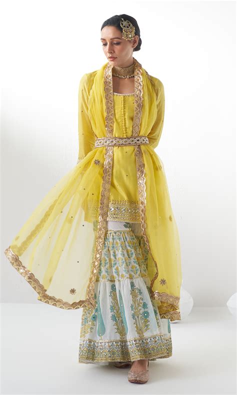Jahanara Yellow Block Printed Embroidered Sharara With Dupatta and Bel ...