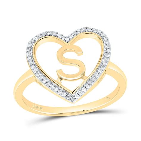 10K Yellow Gold Diamond Women's Block Letter S Initial Heart Frame Ring ...
