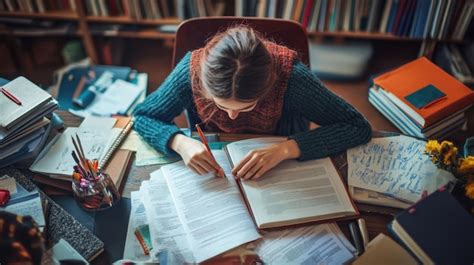 Student preparing for an exam with textbooks and notes spread on a desk ...
