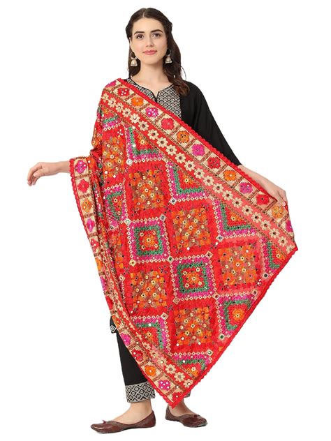 Buy Moda Chales Red Multicolour Embroidery Phulkari Dupatta for Women ...