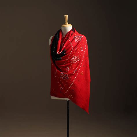 Red Kutch Mirror Work Handwoven Bandhani Bagida Woolen Shawl