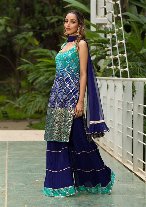 Buy Sea Green Sequins Georgette Readymade Sharara Suit - Koskii