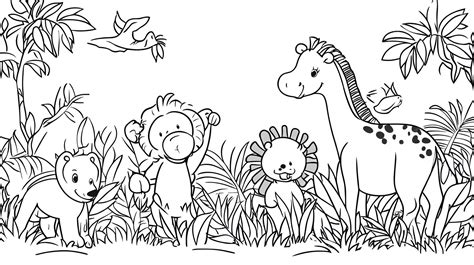 A black and white drawing of jungle animals | Premium AI-generated image