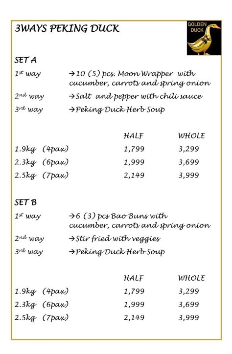 Menu at Golden Duck Davao restaurant, Davao City