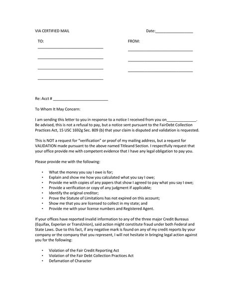 Debt Validation Letter Template Free