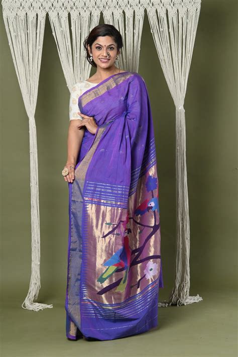 Buy EXCLUSIVE! Handloom Pure Cotton Paithani With Peacock Pallu~Purple ...