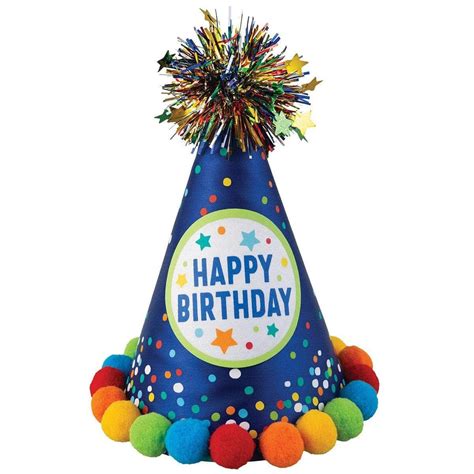 Multicolour Birthday Cone Hat with Pompoms - Party Expert | Birthday ...