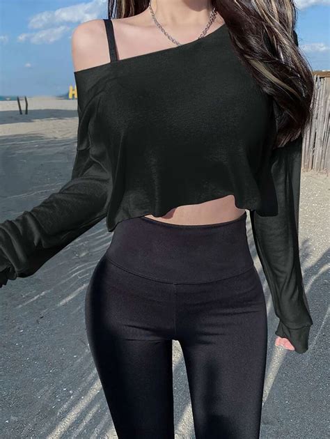 DAZY Asymmetrical Neck Drop Shoulder Crop Tee | SHEIN USA