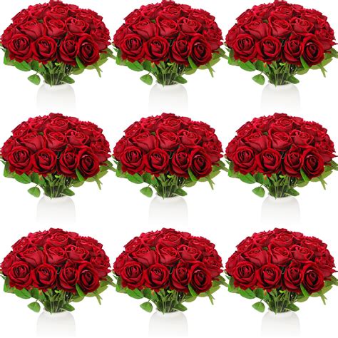 Jexine 100 Pieces Artificial Roses Flowers Bulk, Long Stem Realistic ...