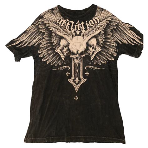 Affliction Men's Black and White T-shirt | Depop