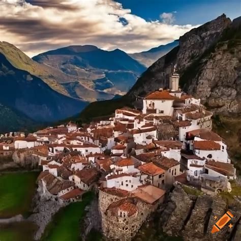Scenic view of Spanish village in the mountains on Craiyon