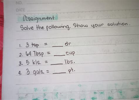 CLARIFYING1. 3 teaspoon = __ drop/s2. 64 tablespoon = __ cup/s3. 5 ...