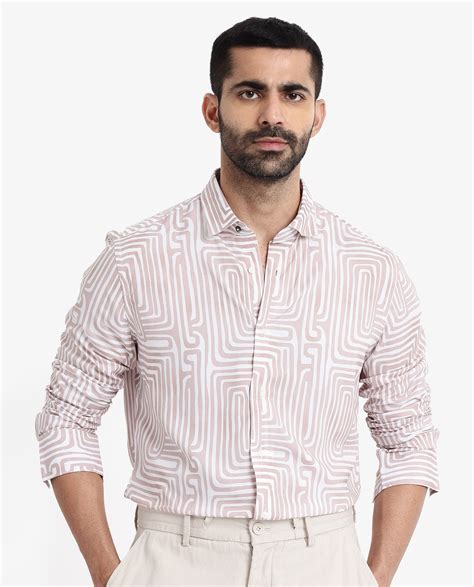 Rare Rabbit Men's Rotary Beige Cotton Abstract Print Tailored Fit Full