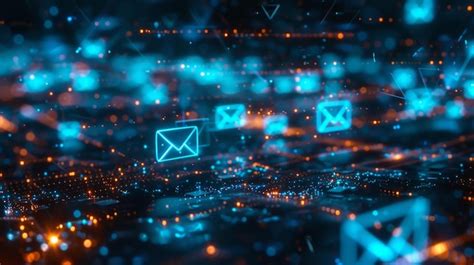 Abstract digital communication network with glowing email icons ...